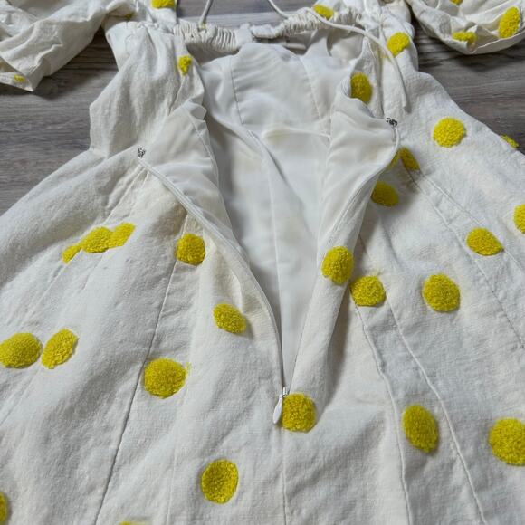 For Love & Lemons Puff Sleeve Mini Dress White Yellow Polka Dot Open Back XS - Picture 9 of 11